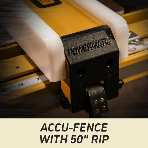 Close-up of Accu-Fence on Heavy Duty 10 Inch Table Saw With Rolling Workbench, 50 Inch Rip Capacity, 5 Horsepower 3 Phase Motor.