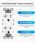 Heavy Duty Decorator Receptacle Outlet 20 Amp 125 Volt Tamper Resistant Grounding UL Listed White 50 Pack Standard Wall Electrical Outlet in focus showcasing tamper resistance, high-impact resistance, and fire resistance features.