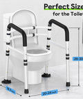 Universal Adjustable Toilet Safety Rail Rock Solid Stand Alone Bathroom Assist Handle with adjustable height and width specifications.