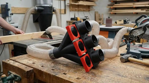 Upgrade Your Shop Vibe With This Badass 3 Port Dust Collection Y Splitter featuring black plastic and metal 2.25 inch adapters.