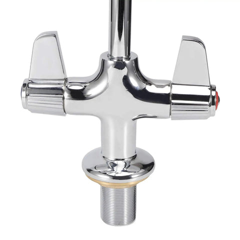 Close-up view of the Maqulae Commercial Kitchen Faucet, G1/2 Thread Pull Down Sprayer with 360 chrome finish and dual handles.