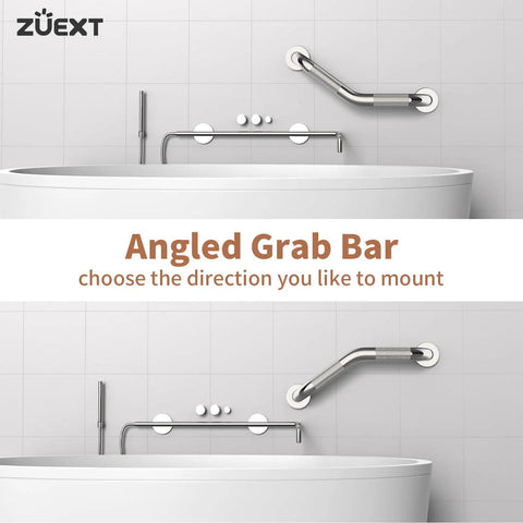 Rock Solid 16 Inch Angled Bathroom Shower Grab Bars Two Pack Heavy Duty Stainless Steel Wall Mount Safety Handrails in use near bathtub.