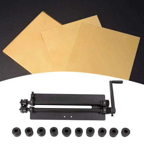 Hand Crank Sheet Metal Bead Roller Machine With Six Die Sets, shown with gold sheet metal and adjustable handle