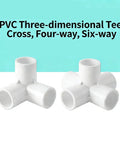 PVC three-dimensional tee and cross fittings, showing four-way and six-way connectors for irrigation use