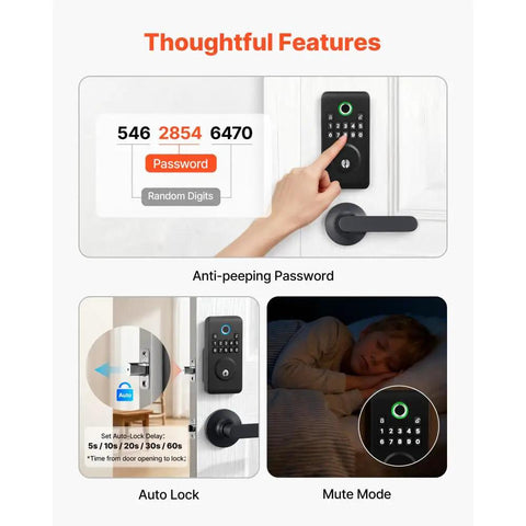 Matte Black Fingerprint Door Lock Set With Easy Grip Lever And Advanced Biometric Scanner For Hassle Free Keyless Entry showing anti-peeping password feature.