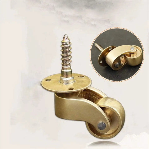 Solid Polished Brass Swivel Casters Set Of Four Vintage Antique Furniture Wheels Double Bearing Heavy Duty Setup showing screw mount design.