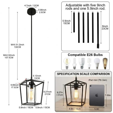 Black Farmhouse Kitchen Island Pendant Light With Metal Cage And Clear Glass Shade dimensions and rod options