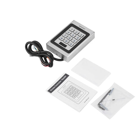 Three Mode Access Control System With Card Or PIN Or Both For External And Internal Security Rugged Metal Housing shown with accessories