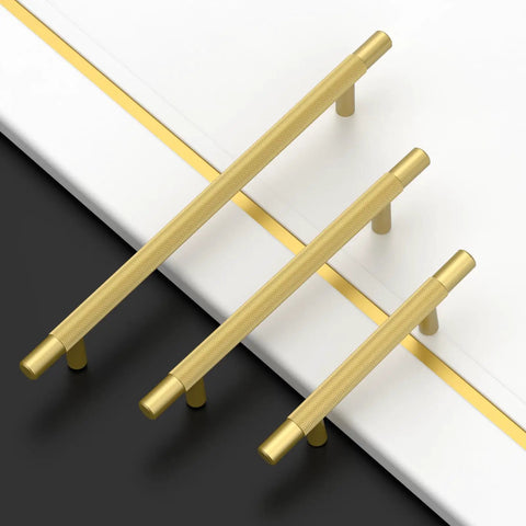 Kick Up Your Kitchen Vibes With These Slick Brushed Gold Knurled Cabinet Handles And Drawer Pulls A Top Shelf 10 Inch 10 Pack Heavy Duty Cupboard Hardware, three sizes displayed.