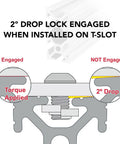 Diagram showing 2° drop lock engaged on Black Anodized 1x2 Inch T Slot Aluminum Extrusion for DIY Projects, 10 Series Rail