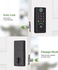 Top Pick Smart Door Lock Keyless Entry Deadbolt Fingerprint, showing auto lock and passage mode features on door.