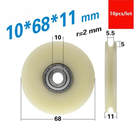 10 Pack U Groove Plastic Coated 6200ZZ Sealed Miniature Ball Bearings 10x68x11mm Pom Nylon Pulley Wheels front and side view with dimensions