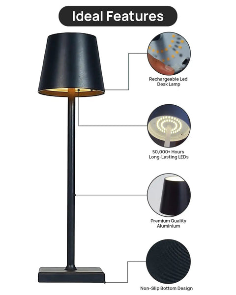 13 Inch Aluminum Cordless Table Lamp With 5200mAh Battery, USB C Rechargeable, 3 Way Dimmable Touch Light, gold finish features