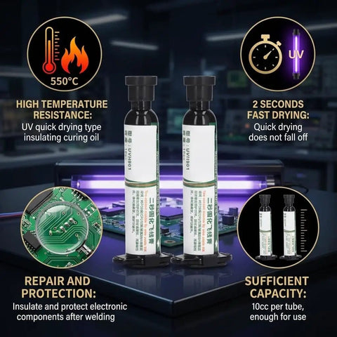 High Performance UV Curing Solder Mask Ink For PCB Repair And Insulation Fast Dry Two Pack White Solder Mask Paint For BGA Rework And Spot Welding And Repair Kit Included, bottles on UV light background.