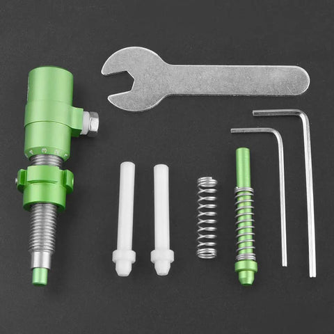 Damn Near Perfect Archery Cushion Plunger With Screw On Arrow Rest Pressure Button Click Action Aluminum Alloy For Recurve And Takedown Bow Accessories In Green parts and tools set on black background.
