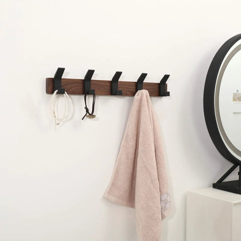 Wall Mount Coat Rack With Five Hooks 16.9 Inch Walnut Wood And Aluminum Built To Last Rustproof Coat Hanger Angled 45 Degree