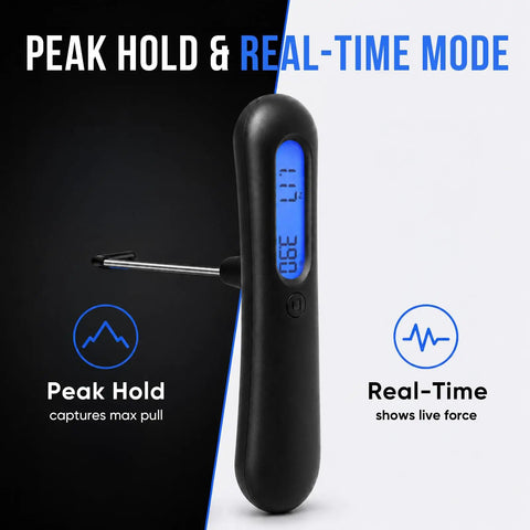Dead On Digital Trigger Pull Scale With Hook Gauge Top Shelf Peak Mode Tension Force Meter showing peak hold and real-time readings.