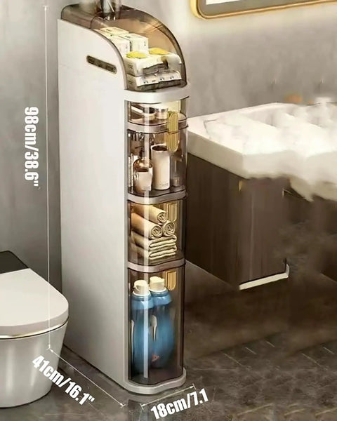 Slick Rolling Storage Cart Featuring Smooth Slide Out Acrylic Compartments And A Removable Ventilated Lid For Keeping Your Space Fresh And Totally Sorted in a bathroom setting.
