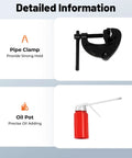 Detailed information on Pipe Clamp for strong hold and Oil Pot for precise oil adding for Heavy Duty Electric Pipe Threader Kit With Six Precision Dies From Half To Two Inches Portable 2300W Pure Copper Motor Threading Machine And Tough Carry Case For Smooth Pro Grade Pipe Work.