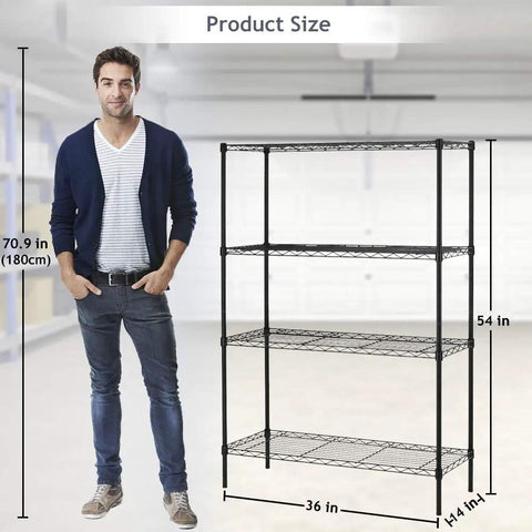 Adjustable Heavy Duty Wire Shelving With Four Solid Levels, Sweet Garage Storage Room Game Changer, No Sweat Snap Together Build, Supports Two Hundred Fifty Pounds Per Tier, Thirty Six By Fourteen By Fifty Four Black Finish next to man for size reference.