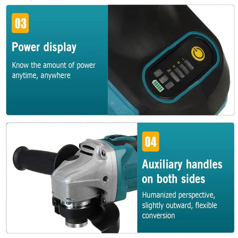 Power display and auxiliary handles of Heavy Duty Brushless Angle Grinder Featuring Four Variable Speed Modes And A Rock Solid Grip.