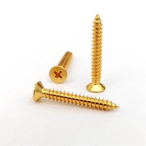 Brass Phillips Countersunk Head Self Tapping Wood Screws M5x25 5 Pack for tight hidden joints shown on white background