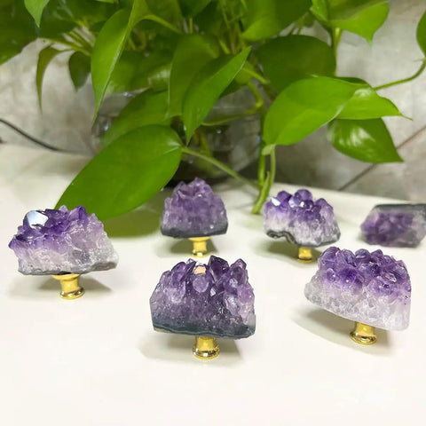 Premium Set Of Two Natural Amethyst Gemstone Cabinet Knobs And Heavy Duty Drawer Pulls Featuring Smooth Purple Crystal Finish To Level Up Your Home Decor Game Today.