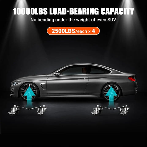 Heavy Duty Car Dolly Set Of 4 Rock Solid Steel Build With Dead Simple Locking Casters And 10000 Lbs Capacity displayed with a car and casters.