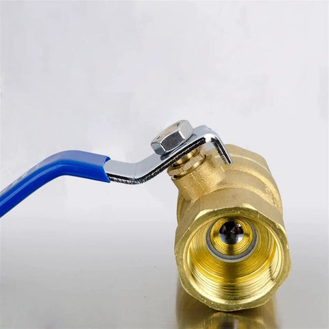 Top Shelf 1 Inch Brass Ball Valve Lever Handle BSP Thread Copper Plumbing Tap Handles close-up with blue handle and chrome detail.