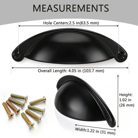 Twelve Pack 2.5 Inch Matte Black Cup Pull Cabinet Handles Built Tough Zinc Alloy Drawer Hardware Smooth Matte Finish For Modern Kitchen And Pantry Cabinets measurements with screws
