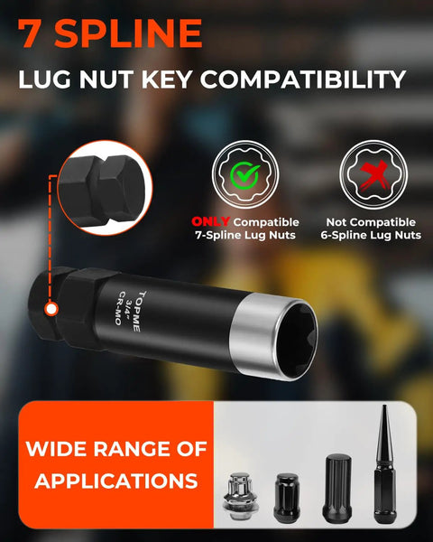 7 Spline Lug Nut Socket compatibility, designed for 3 Piece 7 Spline Lug Nut Socket Set Built Different With Universal Wheel Bolt Sizes.