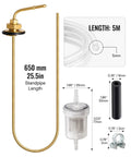 2 Pack Diesel Heater Fuel Tank Standpipe 650mm 35320A 1320399A Hella Durable Replacement Fuel Line with filter and installation measurements.