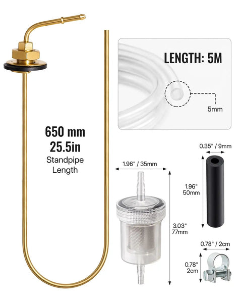 2 Pack Diesel Heater Fuel Tank Standpipe 650mm 35320A 1320399A Hella Durable Replacement Fuel Line with filter and installation measurements.