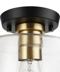 Close-up of Polly 1 Light Flush Mount Ceiling Light with black finish, clear glass shade, antique brass socket, vintage Edison bulb.