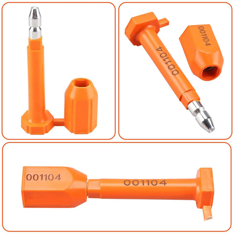 Rock Solid Shipping Container Bolt Seals 100 Pack Orange Steel Core Locks with tamper evident design and numbering system.