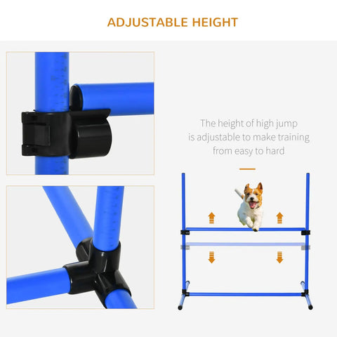 Dog jumping over adjustable height in 4 Piece Dog Agility Training Set With Adjustable Height Jumps, Pro-Grade ABS Build, Stable Bottom, Blue