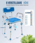 Heavy Duty Shower Chair With Arms And Back For Inside Shower, blue seat, aluminum frame, adjustable height, 6-step guide