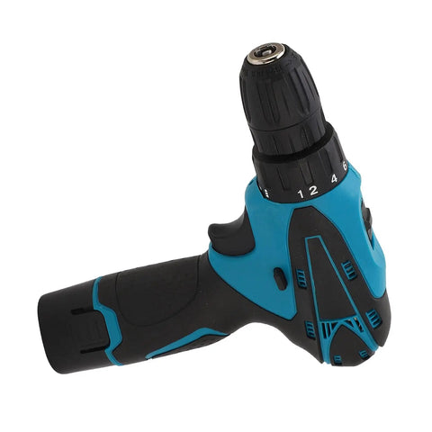 Close-up of Tough As Nails 12V Cordless Drill showing keyless chuck and dual speed settings, ideal for projects.