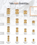 Size comparison chart of All In One 330 Piece Knurled Threaded Insert Kit Brass Embedment Nuts Set M2 M3 M4 M5 Female Threads For Wood Plastic Metal