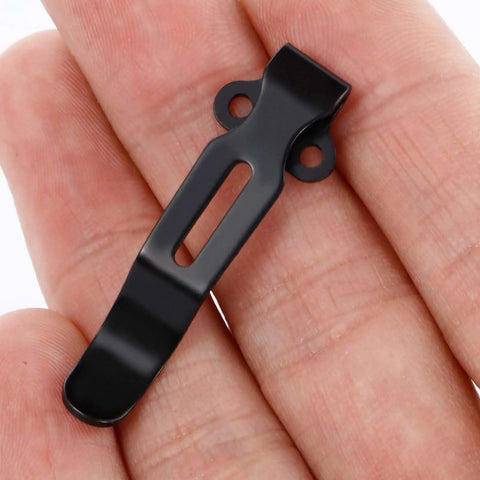 Top Shelf Titanium Replacement Screws And Pivot Shaft Kit For Benchmade Bugout 535 533 537 Folding Knives showing a black clip held by hand.