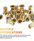 Heavy Duty Rivet Nuts Kit Bulk Pack 500 Pcs Threaded Inserts M3 M4 M5 M6 M8 M10 Galvanized Steel Box shown with multiple specs