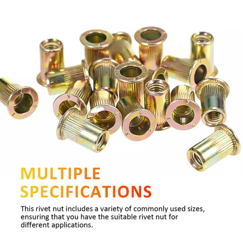 Heavy Duty Rivet Nuts Kit Bulk Pack 500 Pcs Threaded Inserts M3 M4 M5 M6 M8 M10 Galvanized Steel Box shown with multiple specs