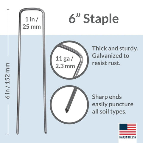 Beefy 200 Pack Garden Landscape Staples Galvanized 6 Inch Pins Anti Rust 11 Gauge Steel For Weed Barrier Fabric And Lawn Turf Drip Irrigation Fence And Chicken Wire. Image showing a single staple with measurements and features.