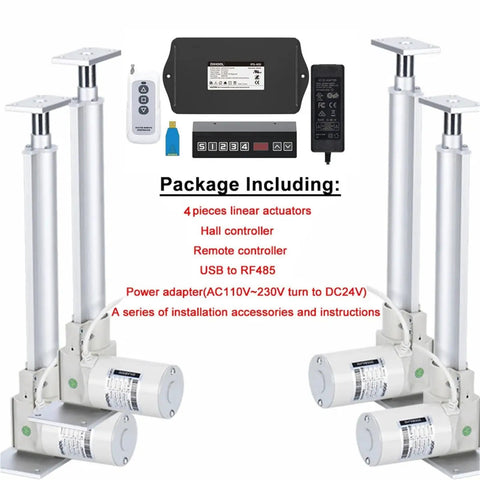 Straight Up Four Piece Linear Actuator Kit With Synchronous Hall Controller Featuring 24 Volt Dc Motor and accessories for automation setup.