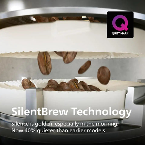 Fully Automatic Espresso Machine With 12 Hot And Iced Coffee Picks Straight Up Home Barista Game Changer featuring Silent Brew Tech grinding coffee beans.