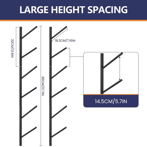 Dimensions of 6 Tier Skateboard Wall Mount Rack For Snowboard Longboard And Deck Storage Modular Garage Gear Organizer.