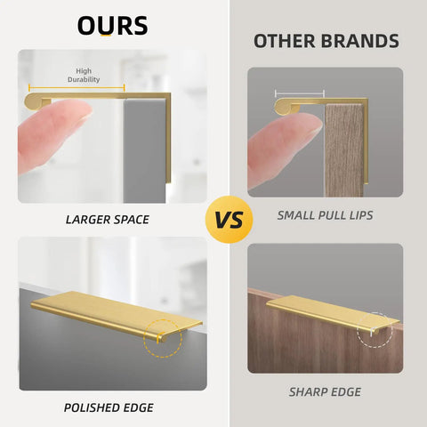 Comparison of Straight Up Durable Gold Cabinet Drawer Pulls For Kitchens And Dressers and other brands demonstrating larger space and polished edge.
