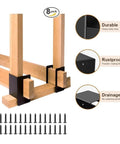 Close-up of Eight Pack Firewood Storage Rack For Indoor Outdoor Use Built To Last With Adjustable Heavy Duty Powder Coated Steel Log Holder featuring assembly details and screws.