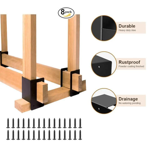 Close-up of Eight Pack Firewood Storage Rack For Indoor Outdoor Use Built To Last With Adjustable Heavy Duty Powder Coated Steel Log Holder featuring assembly details and screws.