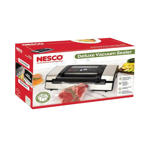 Deluxe 130 Watt Vacuum Sealer With Double Pump Dry Moist And Double Seal Modes package with beef example on box.